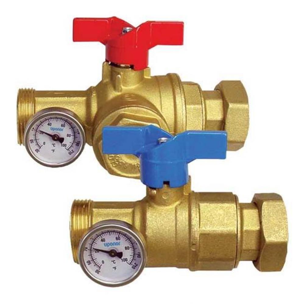 Manifold Supply And Return Ball Valves With Filter And Temperature Gauge, Set Of 2
