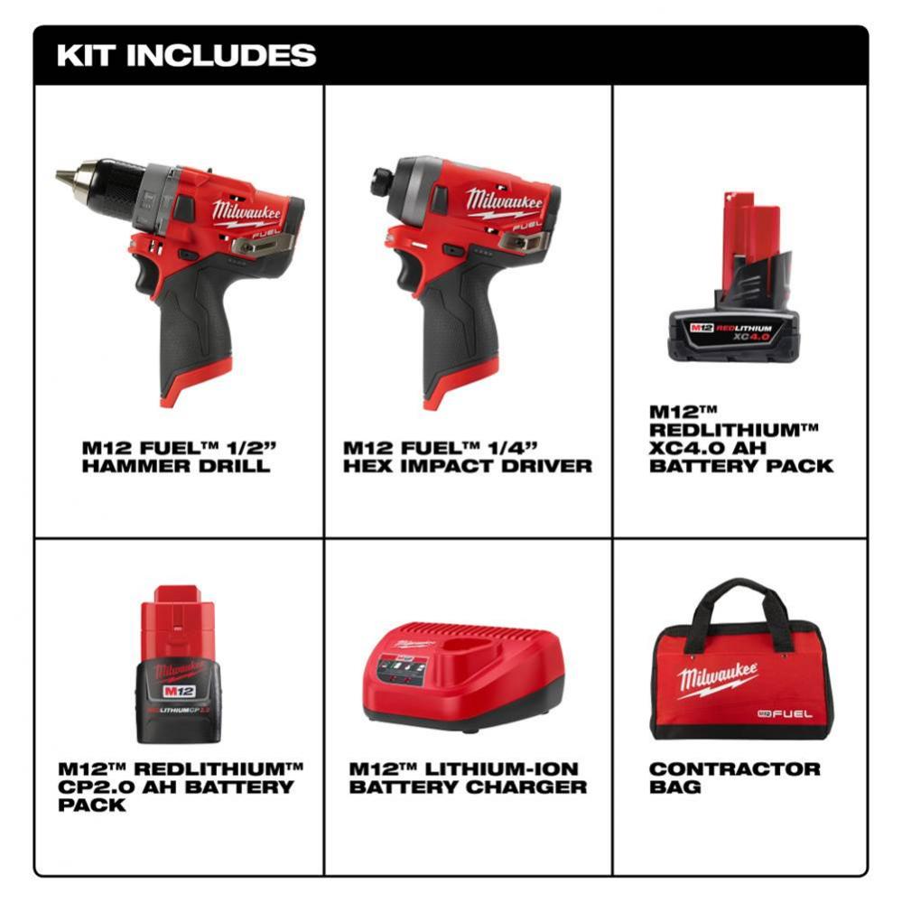 M12 Fuel 2-Tool Combo Kit: 1/2&apos;&apos; Hammer Drill And 1/4&apos;&apos; Hex Impact Driver