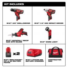 Milwaukee Tool 2498-24 - M12 Combo 3/8 Drvdrl/Hackz/Impct/Lgt W/2 Bat