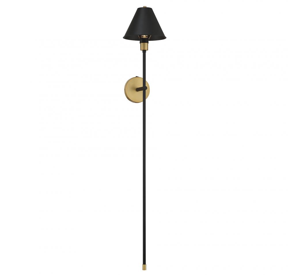 1-Light Wall Sconce in Black with Natural Brass Accents