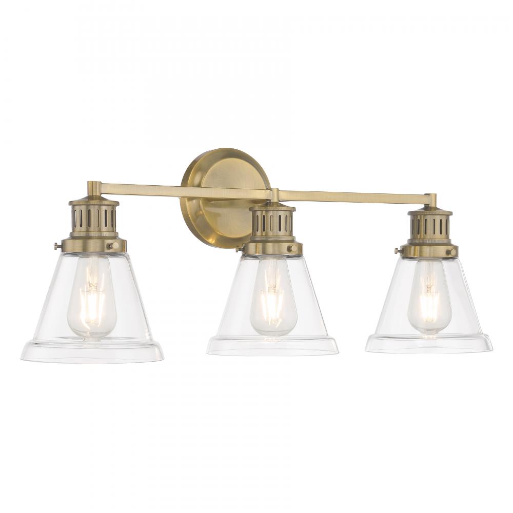 Alden 26&#39;&#39; Wide 3-Light Vanity Light - Antique Brass, Clear